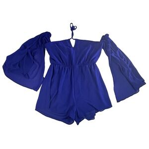 Cobalt blue long sleeve romper with halter tie and ruched waist